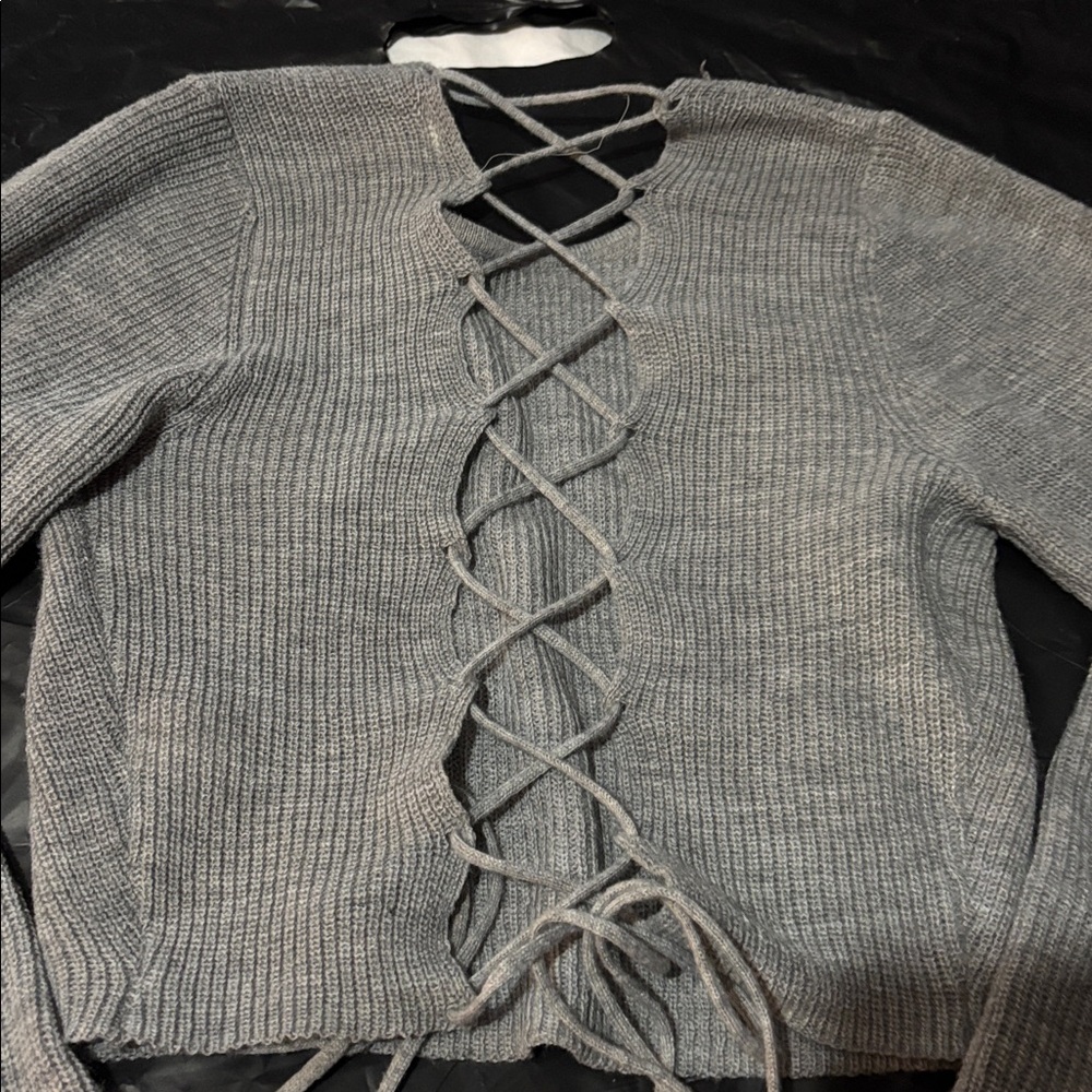 Heather Gray Knit Lace-Up Crop Top S - Picture 2 of 5